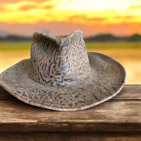 Leather henschel hat sz LG woman’s brown embossed faux buffaloe hide - Picture 6 of 10